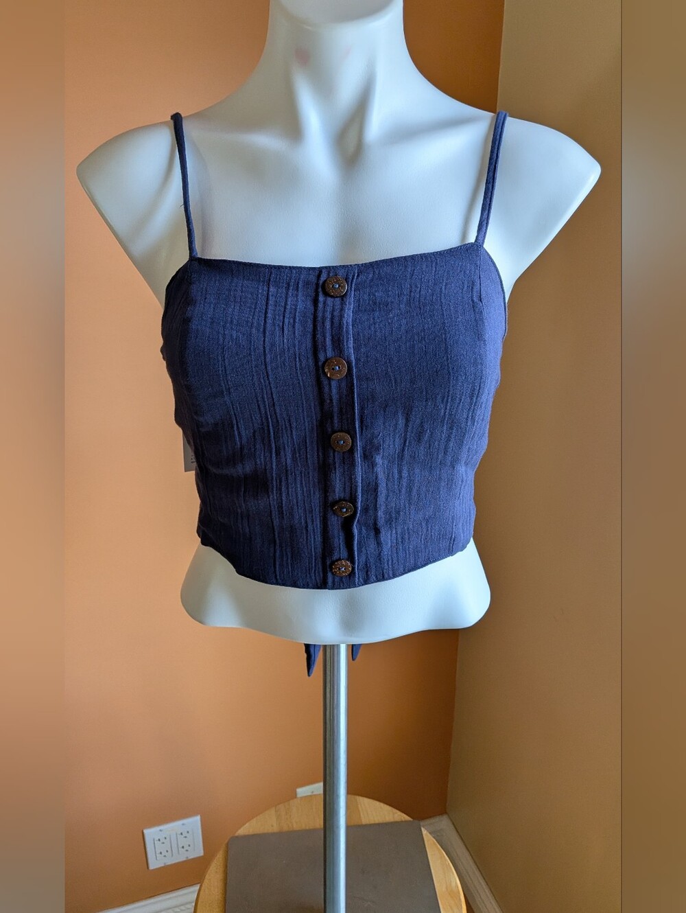 New Navy Button-Front Spaghetti Strap Crop Top